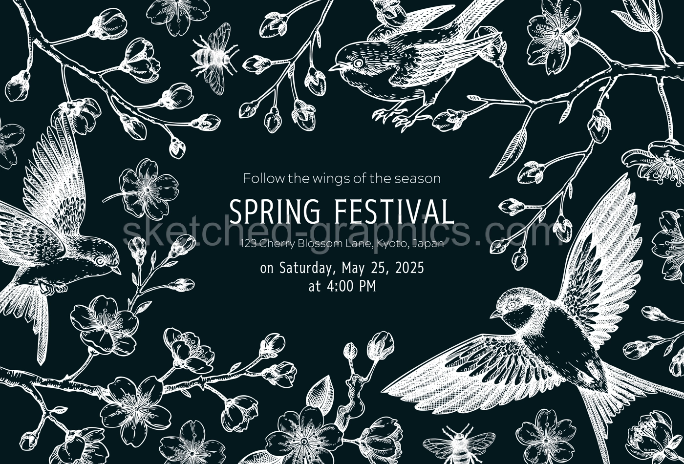 Hand drawn spring background. Cherry blossom frame design. Sakura flower, flying bird chalk drawings. NOT AI generated Illustration